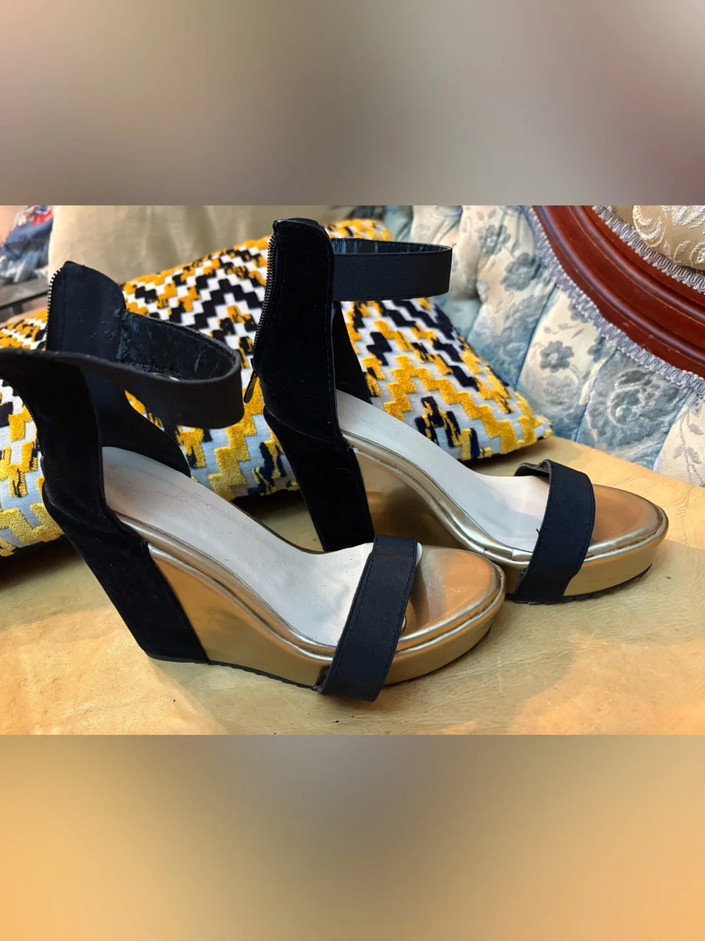Black and Gold Wedge Sandals with Ankle Strap